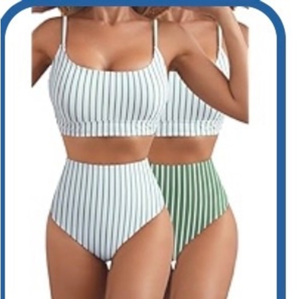 Womens Reversible Green White Vertical Stripe‎ High Waisted Bikini Set Size S